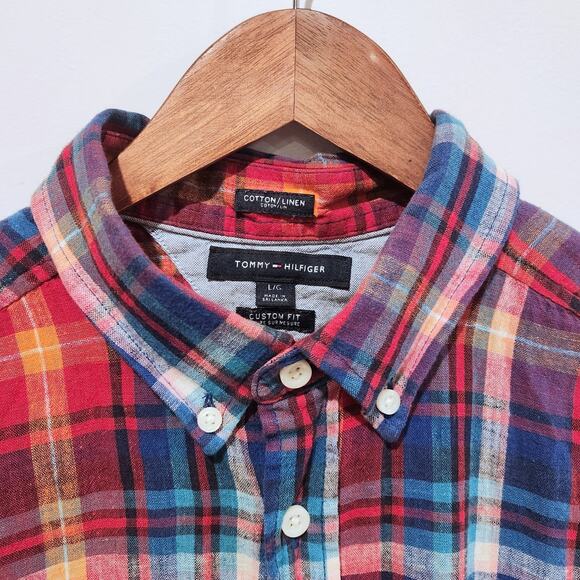 Tommy Hilfiger Mens Linen Red Blue Plaid Custom Fit Button Up Shirt Size Large - Picture 2 of 10